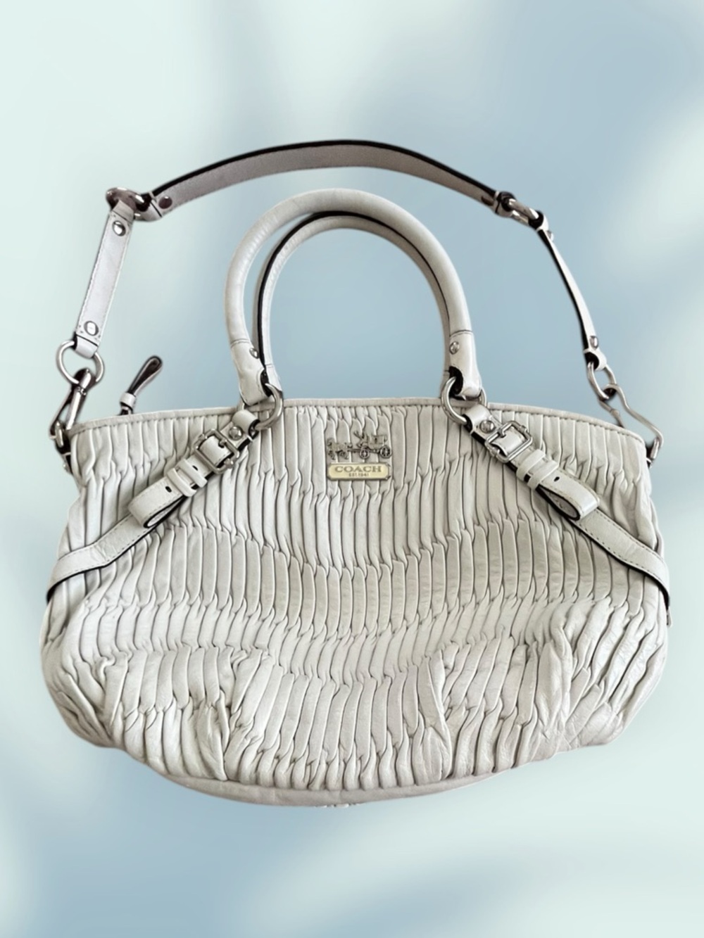Coach Cream Ruched Leather Shoulder Bag with Top Handles